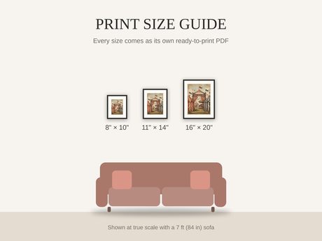 Print size guide showing 8x10, 11x14, and 16x20 framed prints at true scale beside a sofa