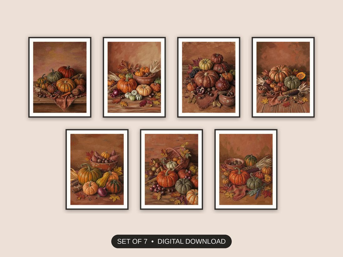 Set of 7 rustic pumpkin still life printable prints shown as a gallery wall