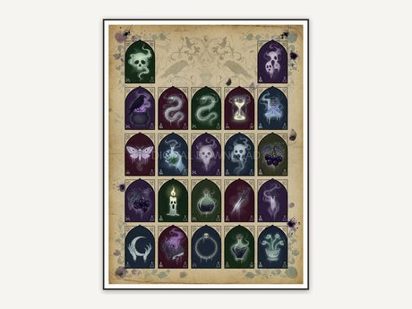 Coordinated spooky periodic table print in rich muted earth and jewel palette