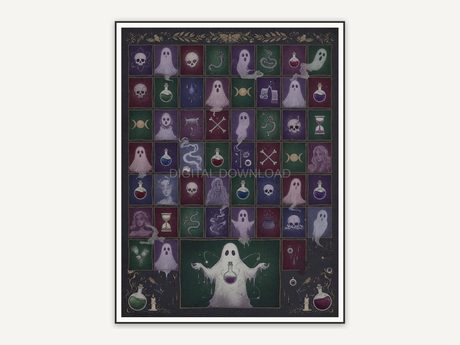 Halloween periodic table chart featuring potion motifs in muted jewel tones