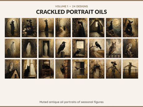 Volume 1 Crackled Portrait Oils: 24 printable Halloween art designs, muted antique oil portraits of seasonal figures