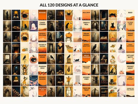 All 120 Halloween printable designs in the bundle shown together on one contact sheet