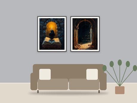 Shadowed Library Scenes printable art framed above a sofa in a styled living room
