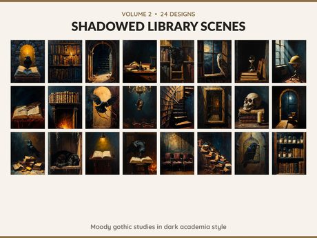Volume 2 Shadowed Library Scenes: 24 printable Halloween art designs, moody gothic studies in dark academia style