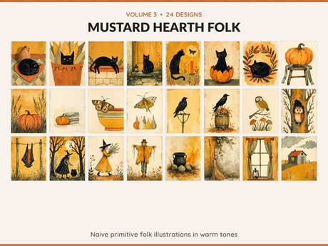 Volume 3 Mustard Hearth Folk: 24 printable Halloween art designs, naive primitive folk illustrations in warm tones