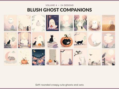 Volume 4 Blush Ghost Companions: 24 printable Halloween art designs, soft rounded creepy cute ghosts and cats