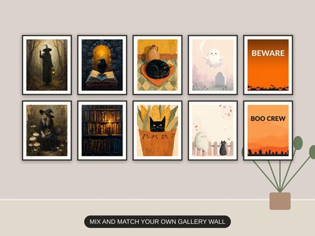 Ten Halloween prints from the bundle framed together as a gallery wall above a console table