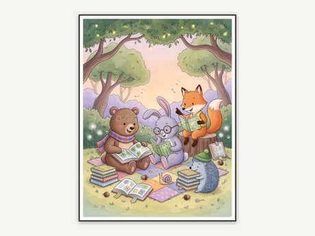 Friendly bear reading a book in soft watercolor storybook style