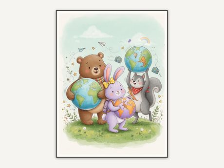Owl holding a globe in soft watercolor storybook style