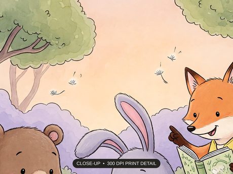 Close-up print detail of the illustrated storybook classroom prints artwork at 300 DPI