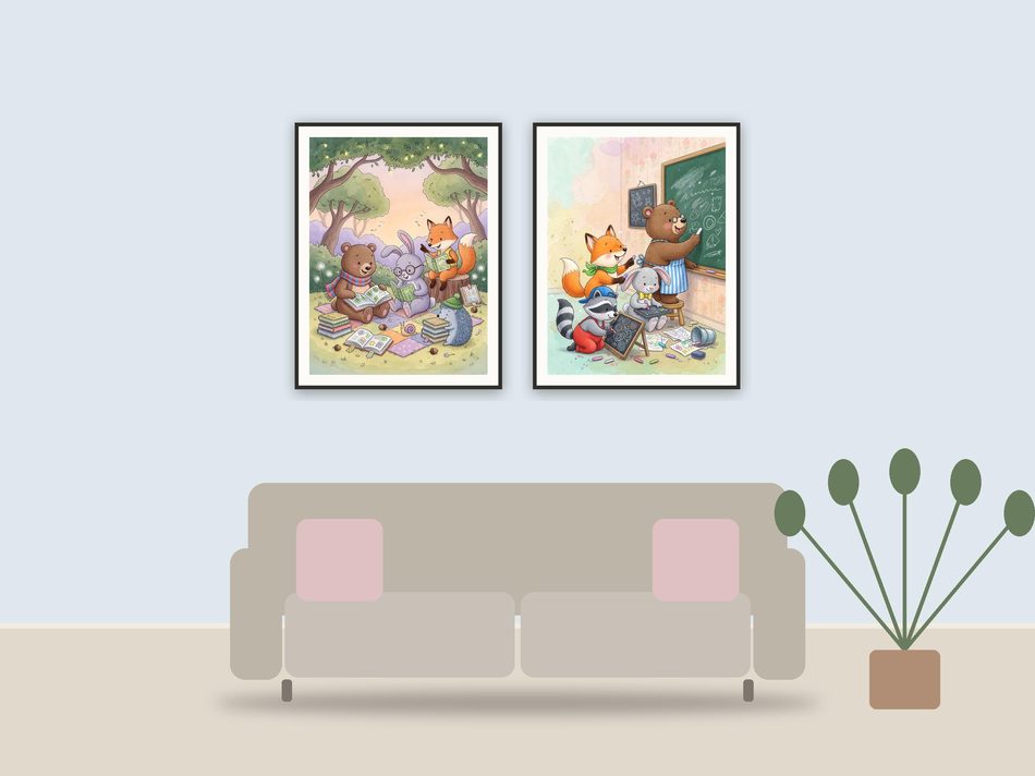 illustrated storybook classroom prints printable art framed above a sofa in a styled living room