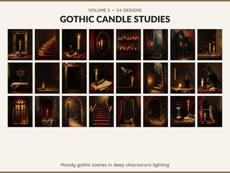 Volume 2 Gothic Candle Studies: 24 printable Halloween art designs, moody gothic scenes in deep chiaroscuro lighting