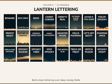 Volume 5 Lantern Lettering: 24 printable Halloween art designs, bold cream lettering over deep moody fields