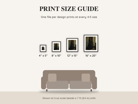 Print size guide showing 4x5, 8x10, 12x15 and 16x20 inch Halloween prints at true scale beside a sofa
