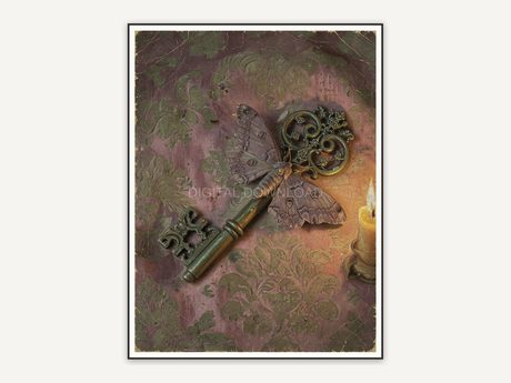 Skeleton key and moth on damask oil painting