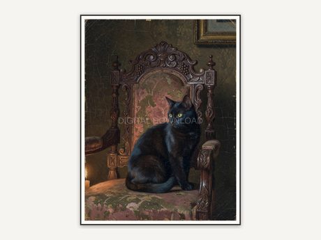 Black cat on ornate Victorian chair oil painting