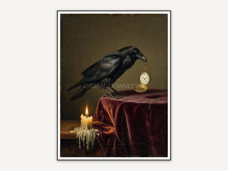 Raven with pocket watch on velvet table oil painting