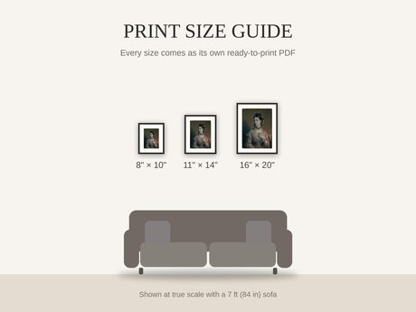 Print size guide showing 8x10, 11x14, and 16x20 framed prints at true scale beside a sofa