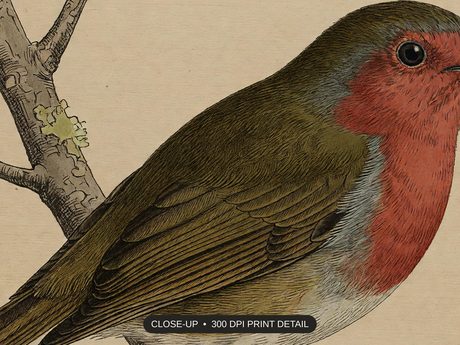 Close-up print detail of the vintage ornithology illustrations artwork at 300 DPI