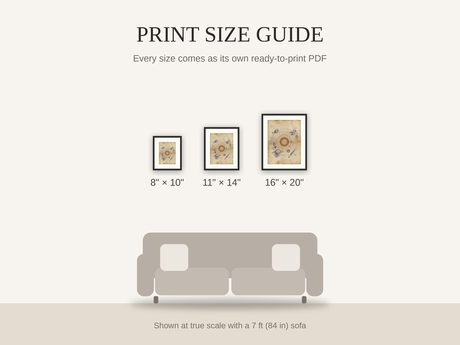 Print size guide showing 8x10, 11x14, and 16x20 framed prints at true scale beside a sofa