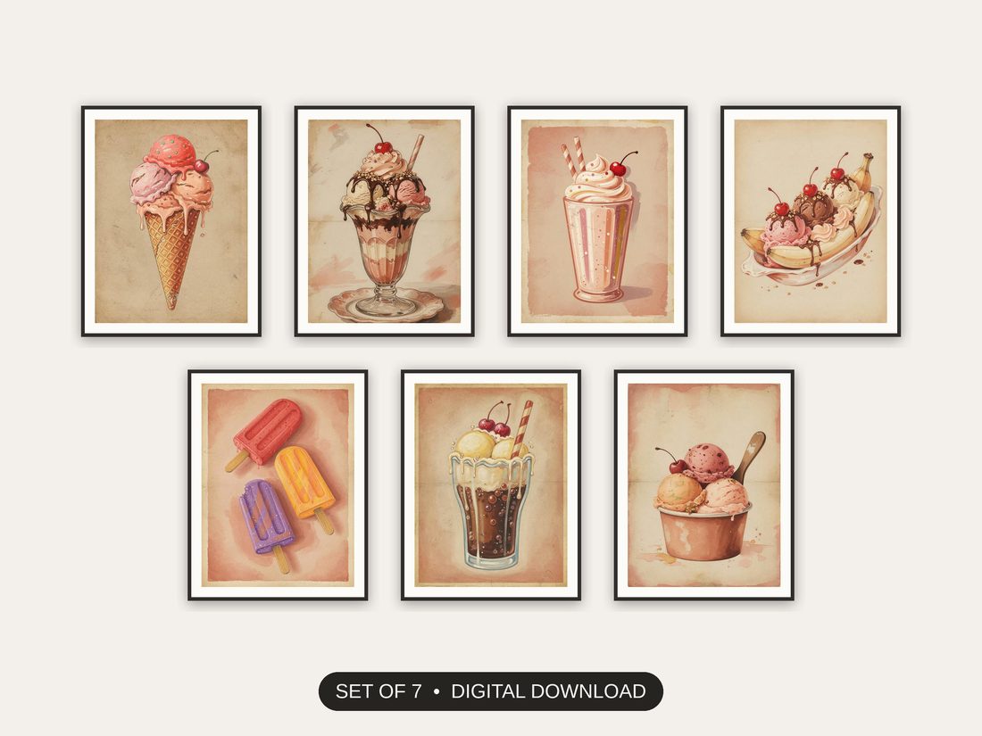 Set of 7 retro summer treat illustrations printable prints shown as a gallery wall