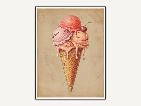 Faded vintage ice cream cone print in warm beige tones