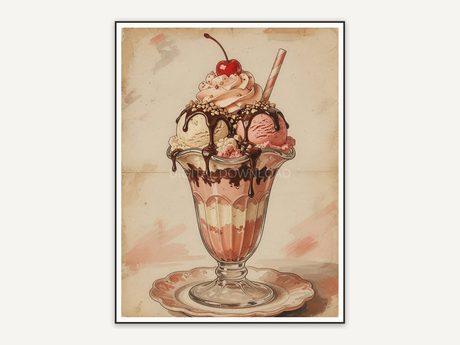 Faded vintage sundae dish print in terracotta hues