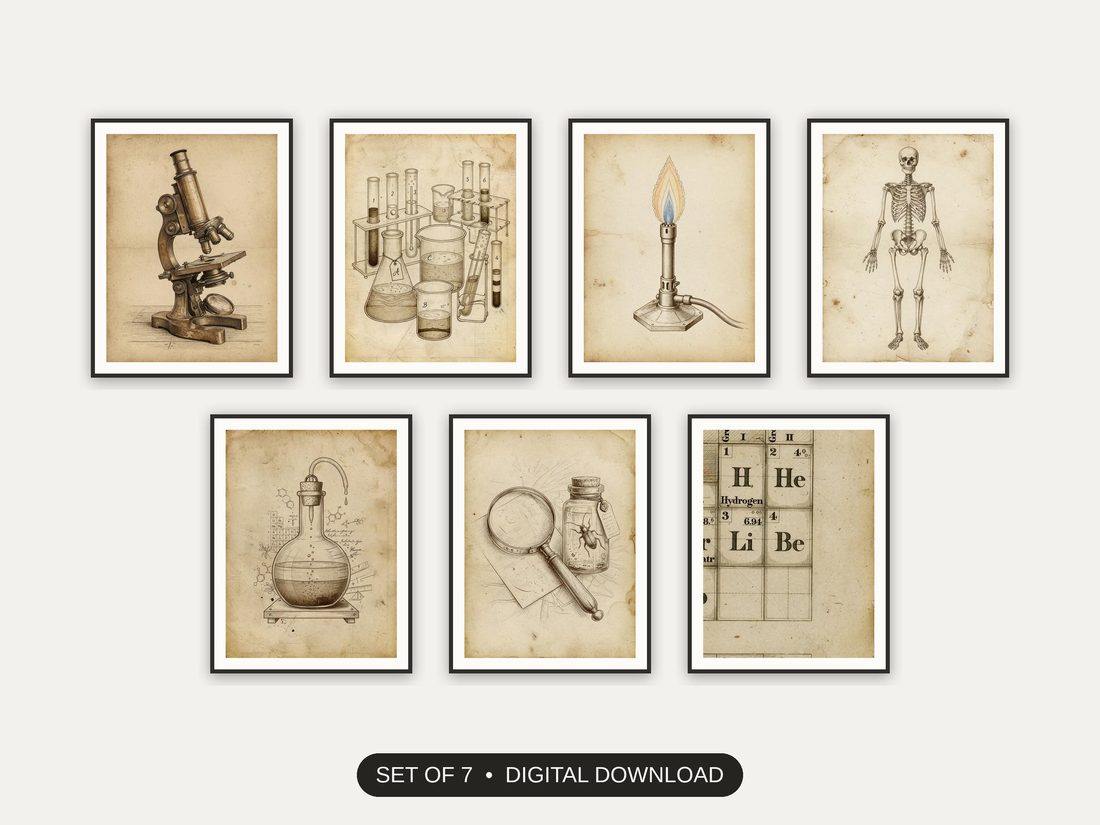Set of 7 vintage science lab icons printable prints shown as a gallery wall