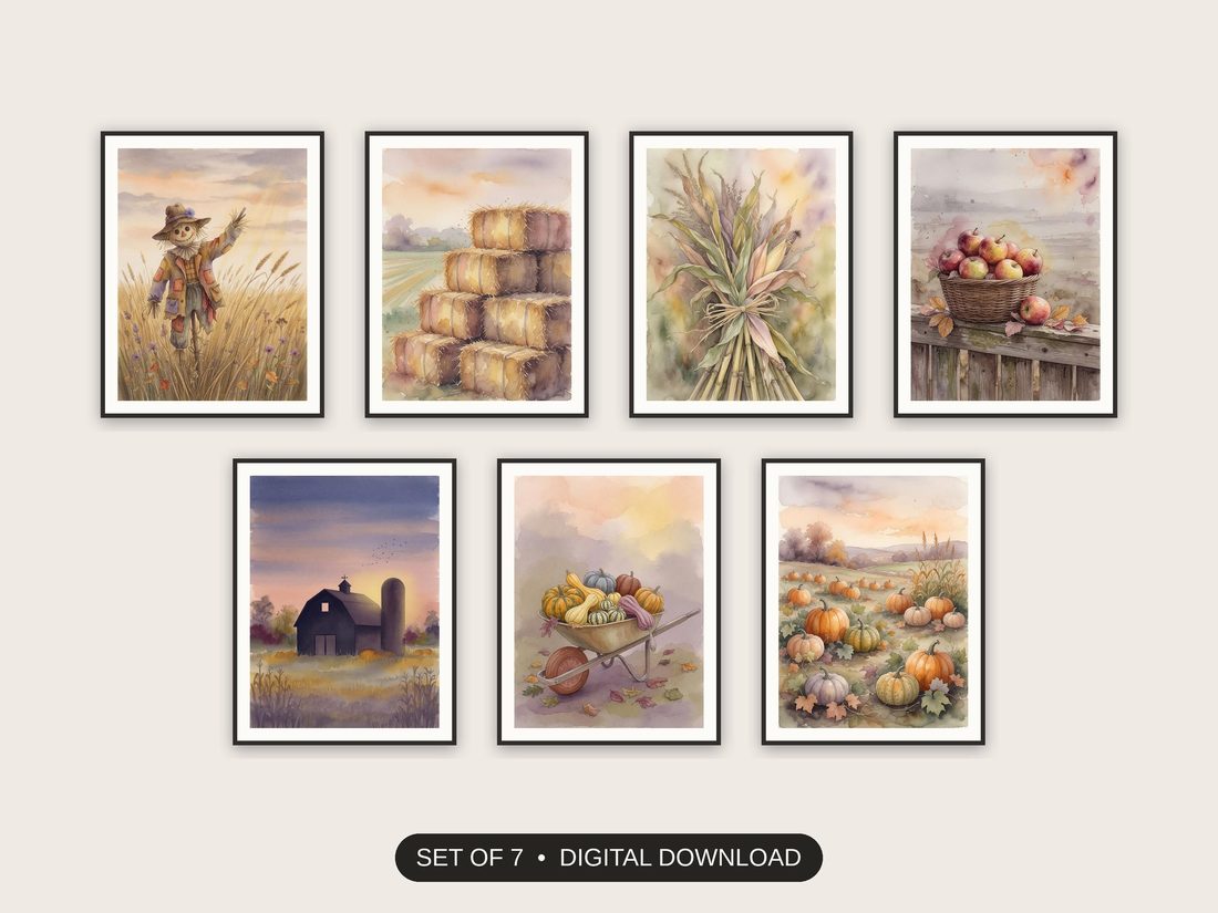Set of 7 whimsical autumn farm art printable prints shown as a gallery wall