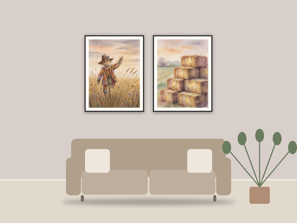 whimsical autumn farm art printable art framed above a sofa in a styled living room