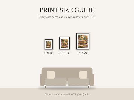 Print size guide showing 8x10, 11x14, and 16x20 framed prints at true scale beside a sofa