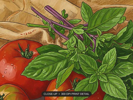 Close-up print detail of the americana produce still life artwork at 300 DPI