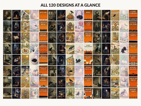All 120 Halloween printable designs in the bundle shown together on one contact sheet