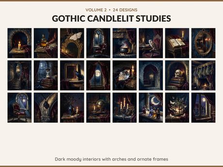 Volume 2 Gothic Candlelit Studies: 24 printable Halloween art designs, dark moody interiors with arches and ornate frames