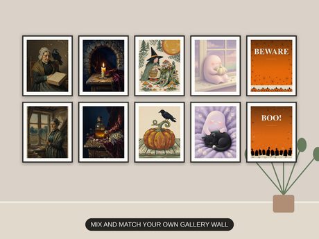 Ten Halloween prints from the bundle framed together as a gallery wall above a console table