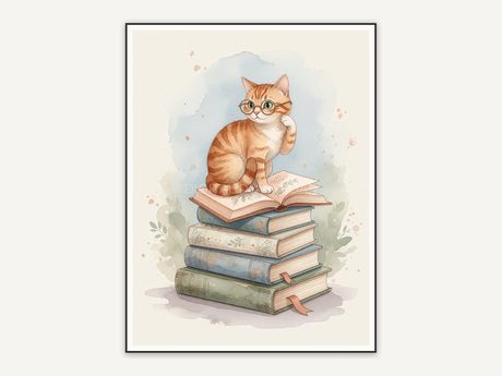 Orange tabby cat with glasses on books