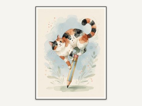 Calico cat balancing on pencil