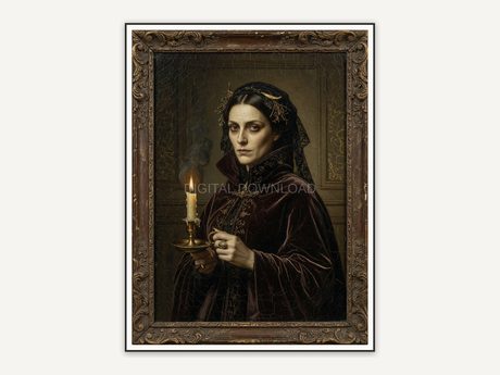 Gothic portrait of a witch holding a candle in dark academia style