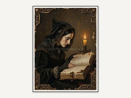 Witch reading a grimoire by candlelight in profile