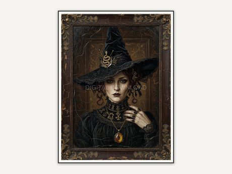 Profile portrait of a witch wearing an elaborate hat