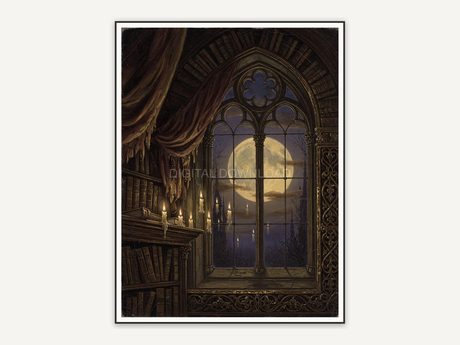 Arched library window with full moon and floating candles