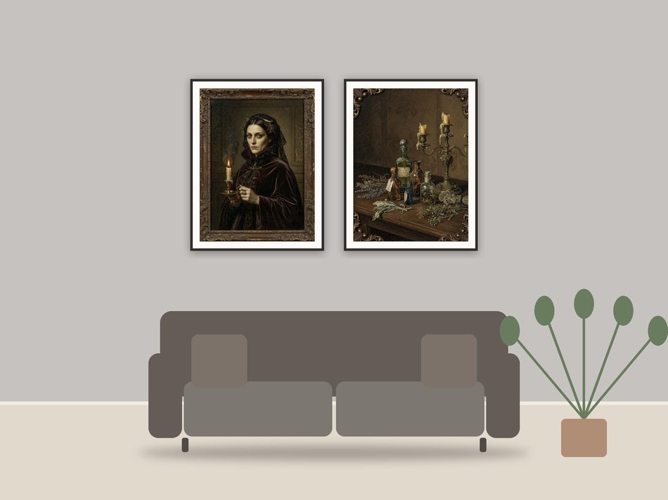 witch wall art printable art framed above a sofa in a styled living room