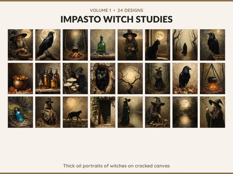 Volume 1 Impasto Witch Studies: 24 printable Halloween art designs, thick oil portraits of witches on cracked canvas