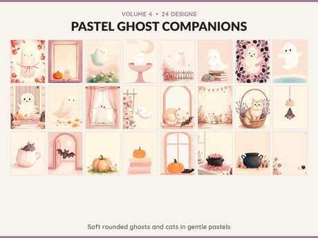 Volume 4 Pastel Ghost Companions: 24 printable Halloween art designs, soft rounded ghosts and cats in gentle pastels