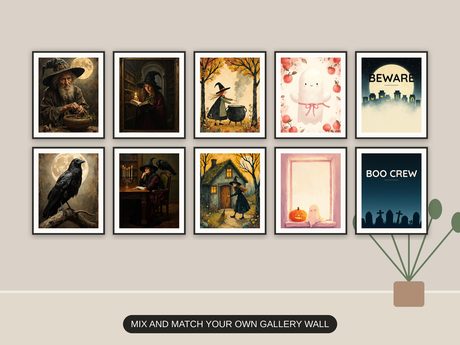 Ten Halloween prints from the bundle framed together as a gallery wall above a console table