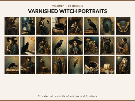 Volume 1 Varnished Witch Portraits: 24 printable Halloween art designs, crackled oil portraits of witches and familiars