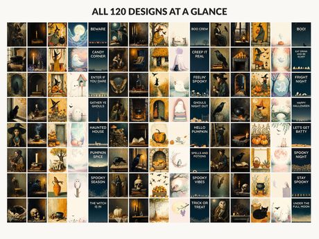 All 120 Halloween printable designs in the bundle shown together on one contact sheet