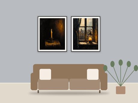 Moody Candle Studies printable art framed above a sofa in a styled living room