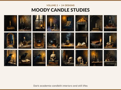 Volume 2 Moody Candle Studies: 24 printable Halloween art designs, dark academia candlelit interiors and still lifes