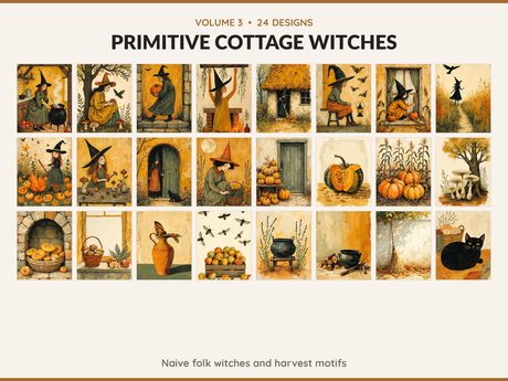 Volume 3 Primitive Cottage Witches: 24 printable Halloween art designs, naive folk witches and harvest motifs